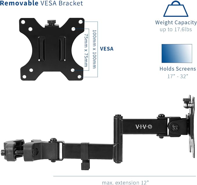 VIVO Black Pole Mount Monitor Arm for 17 to 32 in Screen, MOUNT-POLE01A | Universal, Heavy Duty Steel Design, Full Motion VESA Monitor Arm, Removable 75mm and 100mm VESA Plate - Image 2