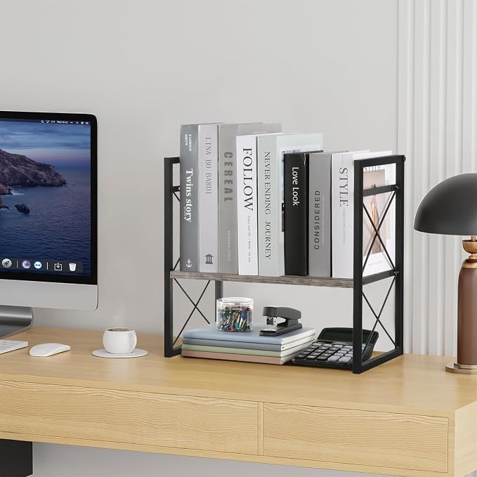 YINMIT Desktop Shelf Organizer, 2 Tier Office Shelves, Wood Desk Organizer Storage Rack and Freestanding Display Shelf for Office, Dormitory, Home (Grey) - Image 8