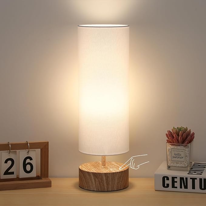 Touch Table Lamp with Wood Grain Metal Base, 3 Way Dimmable Bedside Lamp | Modern Nightstand Desk Lamp with White Shade, Simple Night Light for Bedroom Living Room Home Office, LED Bulb Included by Seasidevillage