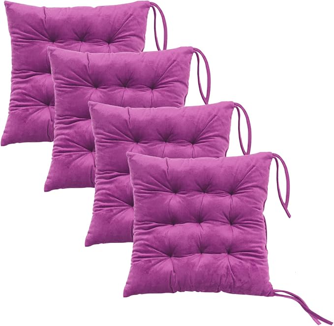 Set of 4 Square Chair Pads Indoor Seat Cushions Pillows with Ties Soft Comfortable Non Slip Chair Mat for Kitchen Dining Office Desk Living Room Outdoor Tatami 15.5" - Purple by MissSoul