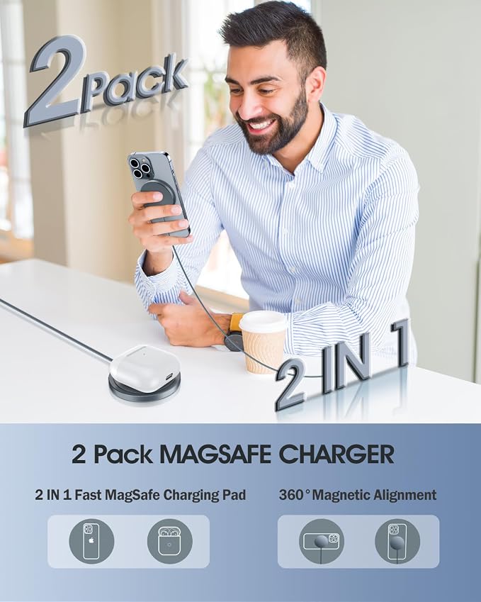 Magnetic Wireless Charger 15W Fast Charger for Cell Phone 17/ Pro Max/17 Pro/17 Air/16/15/14/13/12 Series 2 Pack Charging Pad for AirPods 3/2/Pro 2/Pro Mag-Safe Original Replacement | Fast Magnetic Wireless Charging Pads for iPhone 17/17 Air/17 Pro/17 ... - Image 2