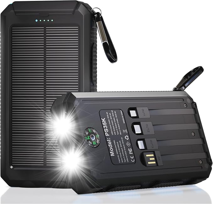 Solar Charger Power Bank 20,000mAh, Portable Charger, 4 Cables 3 Ports Fast Charging External Battery Pack with USB C for Cell Phones, Solar Panel Charger with Dual Flashlight for Camping Black by Durecopow