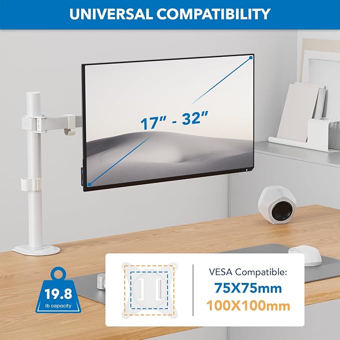 Mount-It! Single Monitor Arm Desk Mount, 17-32", White | Full motion with tilt, rotation, swivel & height adjustment along pole, clamp or grommet, VESA 75/100. - Image 2