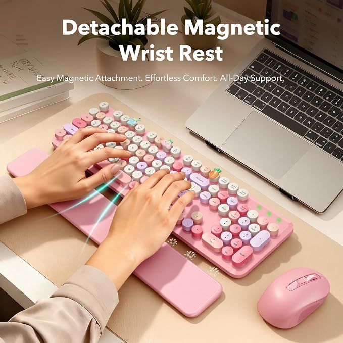 Wireless Keyboard and Mouse Combo, Cute Retro Typewriter Keyboard with Round Keycaps and Magnetic Wrist Rest, Full-Size 2.4GHz Cordless for Mac, Windows PC, Laptop, SABLUTE CK23, Pink Multi-Color | Full-Size Typewriter-Style Keyboard, Tilt Legs, 2.4GHz... - Image 2
