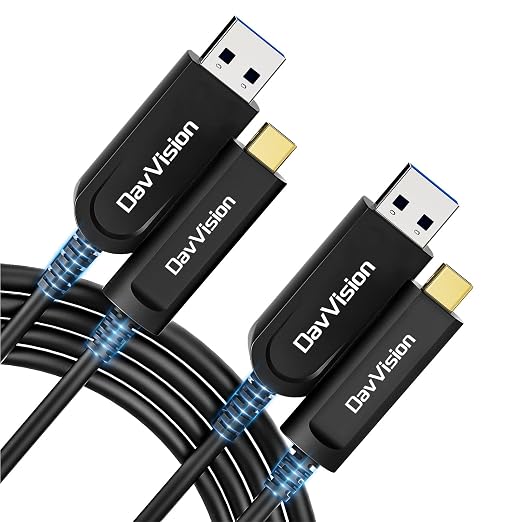 USB A to USB C Fiber Optic Cable 50 FT 2-Pack, 10Gbps USB 3.2 Gen2 Extension Cable with German SiliconLine Chip, Ultra Slim & Long Distance for Logitech 4K Camera,VR,Video Conference by DavVision