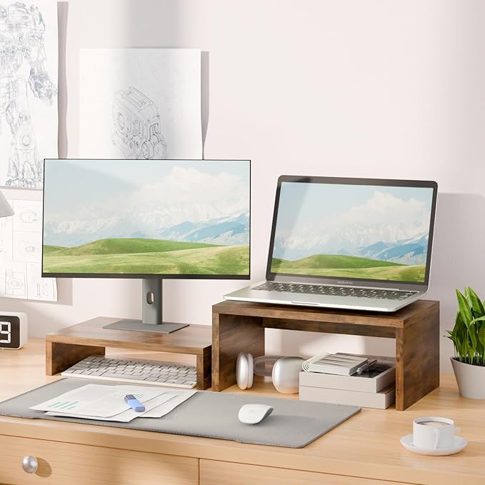TEAMIX 2-Pack Monitor & Laptop Stand Riser, Wood High-Low Dual Monitor Set | Stacked/Separate Use, Adjustable Computer Stand for 2 Monitors, Holds 80Lbs, Rustic Desk Organizer for Home Office, Gaming - Image 2