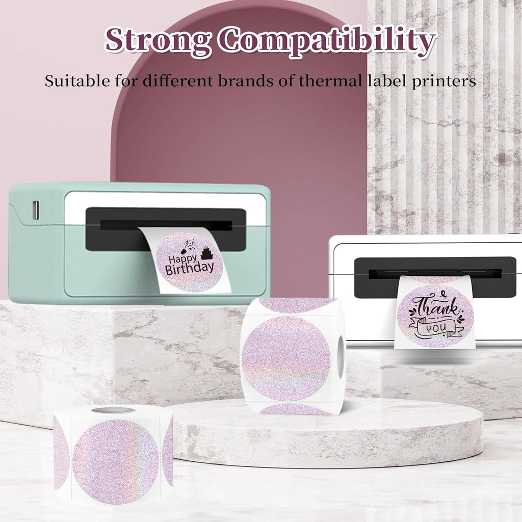 2 Inch Holographic Thermal Labels,Pink Round Thermal Printer Labels,Printable Round Thermal Printer Labels Self-Adhesive Direct Thermal Label(300 Labels/Roll Pink) - Image 4