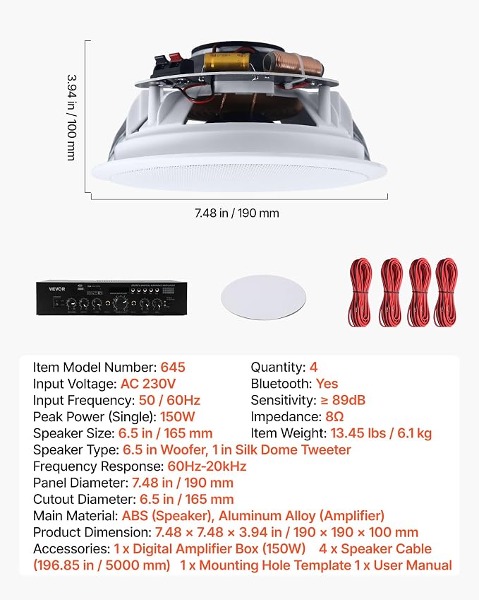 VEVOR Bluetooth Ceiling Speakers, 6.5", in Ceiling & in-Wall Speaker System with Amplifier, 2-Way, for Damp and Humid Placement, Home Theater, Covered Outdoor Patio and Flush Mount Wired, 4 Speakers - Image 7