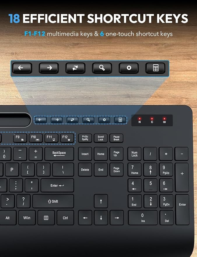 Wireless Keyboard and Mouse Combo, 2 Pack, Ergonomic Wrist Rest | 2.4G Lag-Free, Phoe Holder, 3 Level DPI, Silent Typing, Batteries Powered, KM23D Full Size Set for Computer, Laptop, Windows - Image 7