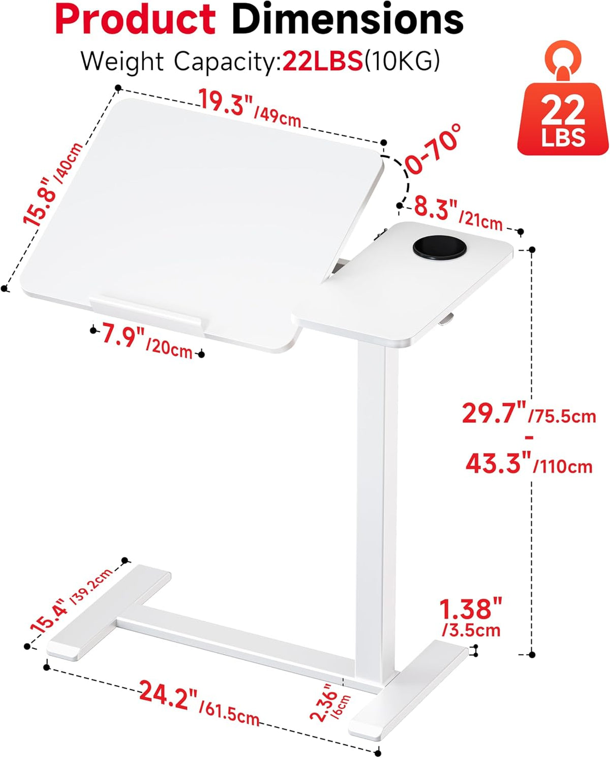 Okin Overbed Bedside Table with Wheels, Adjustable Medical Tilt Top Hospital Bed Table Over The Bed, Rolling Desk Mobile Standing Desk for Hospital Home Use (White) - Image 3