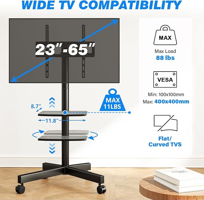 Rfiver Mobile TV Stand for 23-65 Inch Flat/Curved TVs up to 88 lbs Black | Rolling TV Stand with Adjustable Shelf & Tilt, Portable Floor Stand on Wheels for Bedroom, Living Room, Max VESA 400x400mm - Image 2
