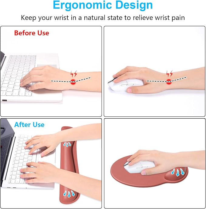 Dapesuom Keyboard Wrist Rest and Mouse Pad with Wrist Support, Memory Foam Cushion for Keyboard and Mouse Set, Ergonomic Desktop Pad Rests with Non Slip Base for Easy Typing & Pain Relief, Indian Red - Image 4