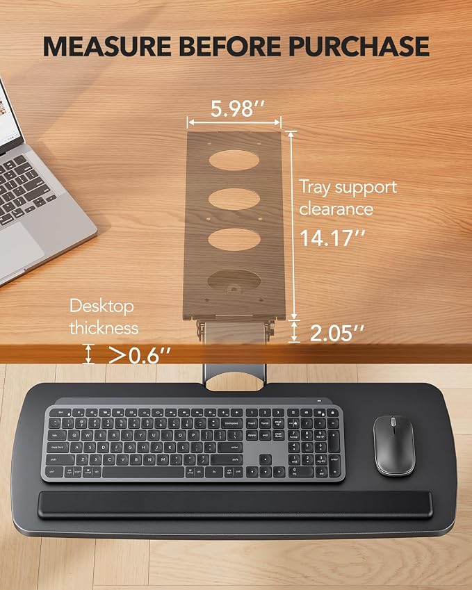 HUANUO Under Desk Keyboard Tray, 360 Degree Adjustable Mouse Platform | 25 x 9.84 inch tray, wrist rest, 6.3 inch height adjustment, slide-out design, tilt and swivel for typing comfort - Image 3
