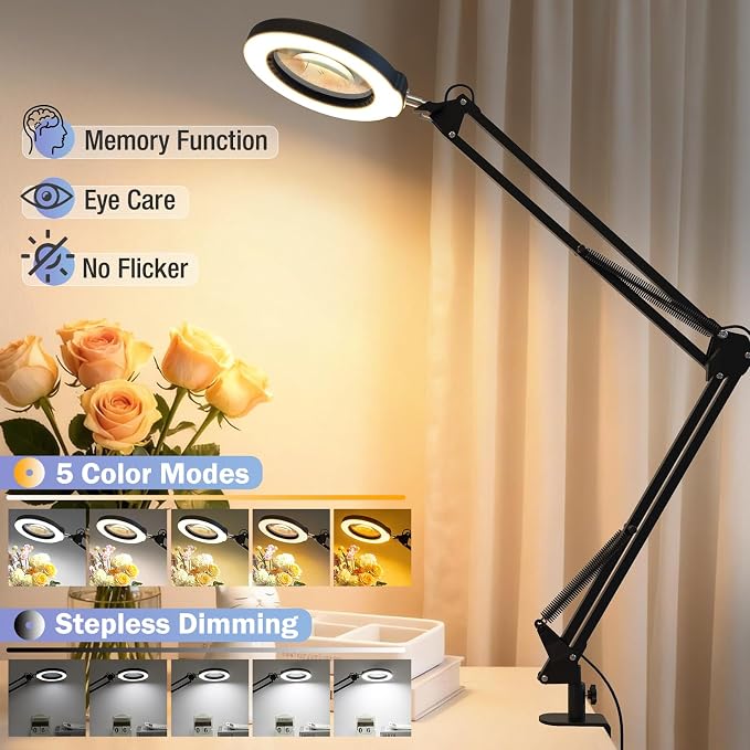 10X Magnifying Glass with Light and Clamp, Real Glass Stand Lighted Magnifier, 2*16 Arm 5 Color Modes Stepless Dimmable LED Desk Lamp Hands Free for Craft Hobby Reading Painting Close Work Large Black - Image 5