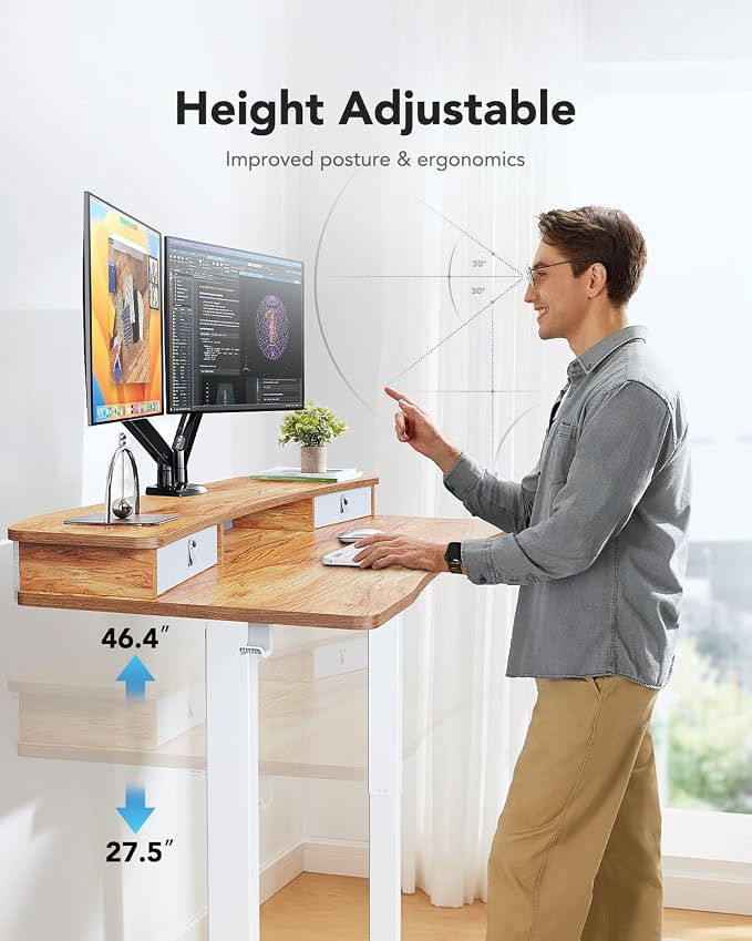 HUANUO 60″ x 30″ Electric Standing Desk with 2 Drawers, C-Clamp Mount Compatible, Height Adjustable Computer Desk, Home Office Stand Up Desk with 4 Preset Heights & 2 Hooks, Light Vintage - Image 6