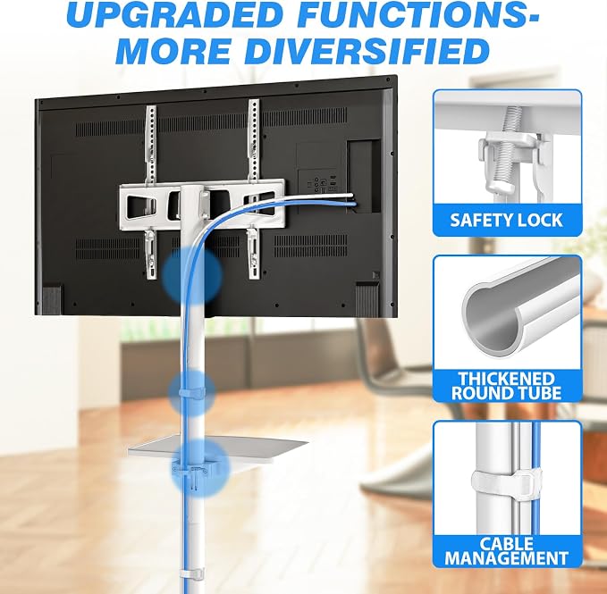 Rfiver Mobile TV Stand for 23-65 Inch Flat/Curved TVs up to 88 lbs White | Rolling TV Stand with Adjustable Shelf & Tilt, Portable Floor Stand on Wheels for Bedroom, Living Room, Max VESA 400x400mm - Image 6