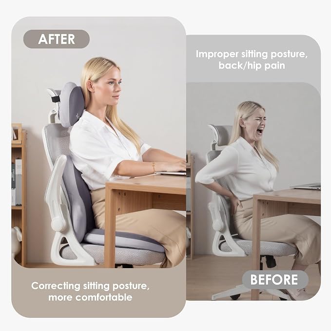 3 PCS Seat Cushion for Carseat Lumbar Support Pillow Car Neck Headrest Pillows Ultrathick Memory Foam Seat Pads Pressure Relief Back Cushion for Office Chair(Beige Grey) - Image 6