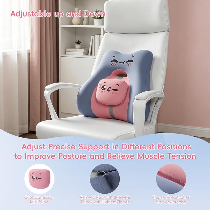 BEBAS Ergonomic Memoery Foam Lumbar Support Pillow for Car & Office, Blue | Back Support Cushion with Adjustable Bolster, Cute Cartoon Design, Breathable Washable Cover, Ideal for Driving, Office - Image 6