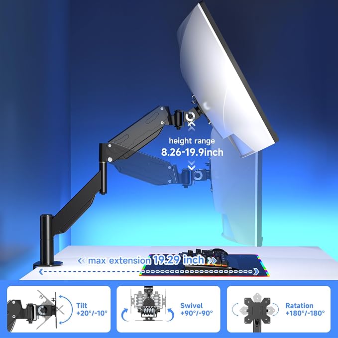 Pholiten Heavy Duty Monitor Arm for up to 43" | Adjustable Gas Spring Arm, Ultrawide Monitor Mount, Clamp/Grommet Mounting Base - Image 4