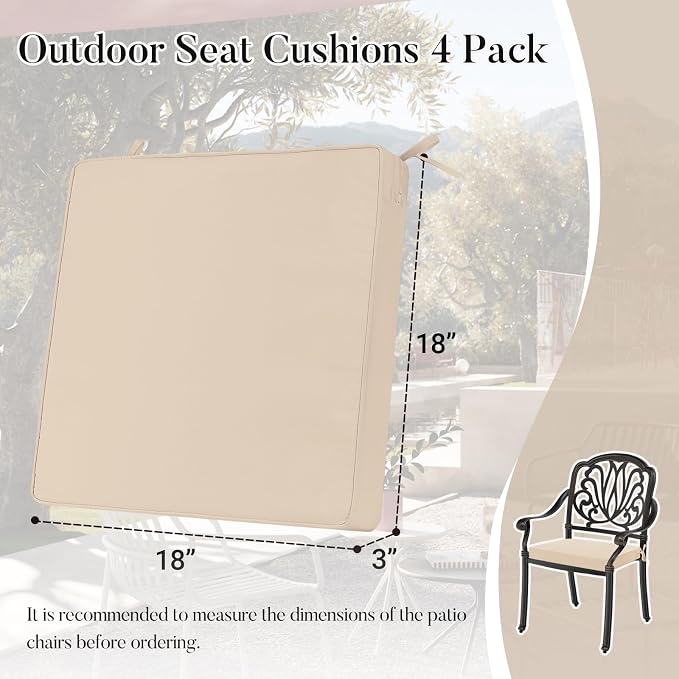 Basic Beyond Outdoor Chair Cushions for Patio Furniture, Waterproof Outdoor Seat Cushions Set of 4 18 x 18, Patio Chair Cushions Set of 4 with Ties and Handle, Beige - Image 6