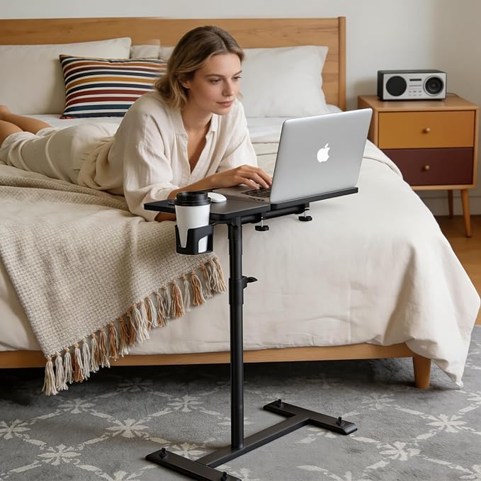 YUHFERA Rolling Table for Laptop Stand, Height and Angle Adjustable Over Bed Table with Wheels, Tilt-Top Laptop Desk for Couch with Cup Holder, Bed Table Tray for Eating (Black) - Image 8