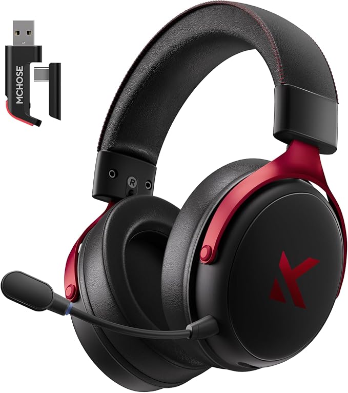 MCHOSE V9 PRO Wireless Gaming Headset 7.1 Surround Sound for PS5 PS4 PC SWITCH TOPSPEED Gaming Headphones, Noise Canceling Mic, 250Hr Battery, Low 15ms Latency, Lightweight, BT 5.3 FPS Games Black&Red by MCHOSE