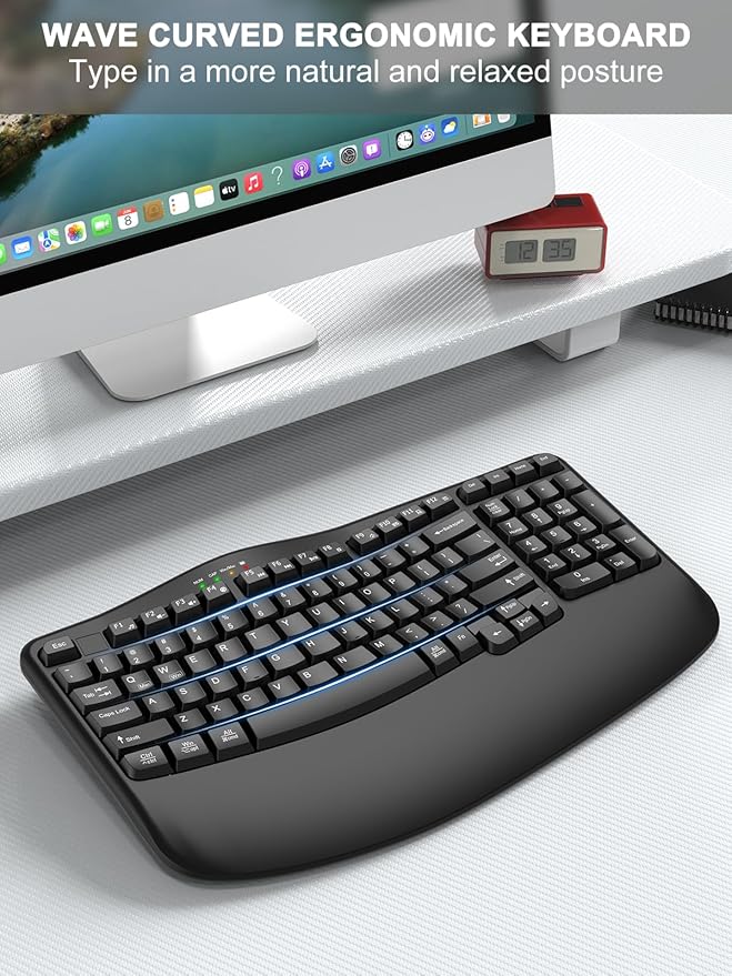 EDJO Wireless Ergonomic Keyboard with Wrist Rest, Wave Keys | Comfortable Natural Typing, Multimedia Hotkeys,2.4GHz,For Large Hands,Windows, Mac, Laptop, PC - Image 2