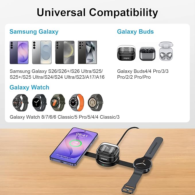 3 in 1 Wireless Charging Station Samsung, Foldable Wire Less Charging Pad for Samsung S26 S25 Ultra S24, Fast Charging Station Galaxy Watch8/7 Galaxy Buds4, Travel Charger for Samsung Multi Devices - Image 7