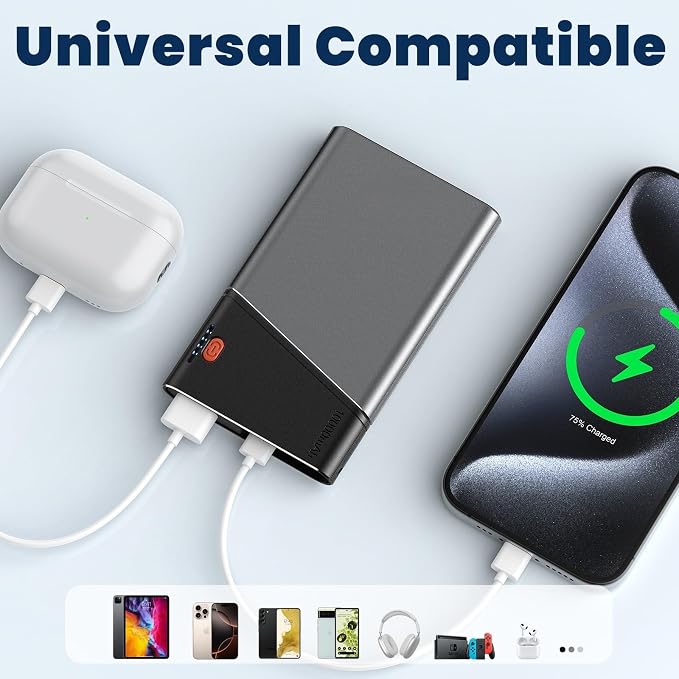 Aaoyun 10000mAh Portable Power Bank, 22.5W PD Fast Charging Battery Pack with Built-in USB-C Cable, Ultra-Slim External Phone Charger for iPhone 17/16/15, Samsung Galaxy S24, Android (Grey) - Image 9