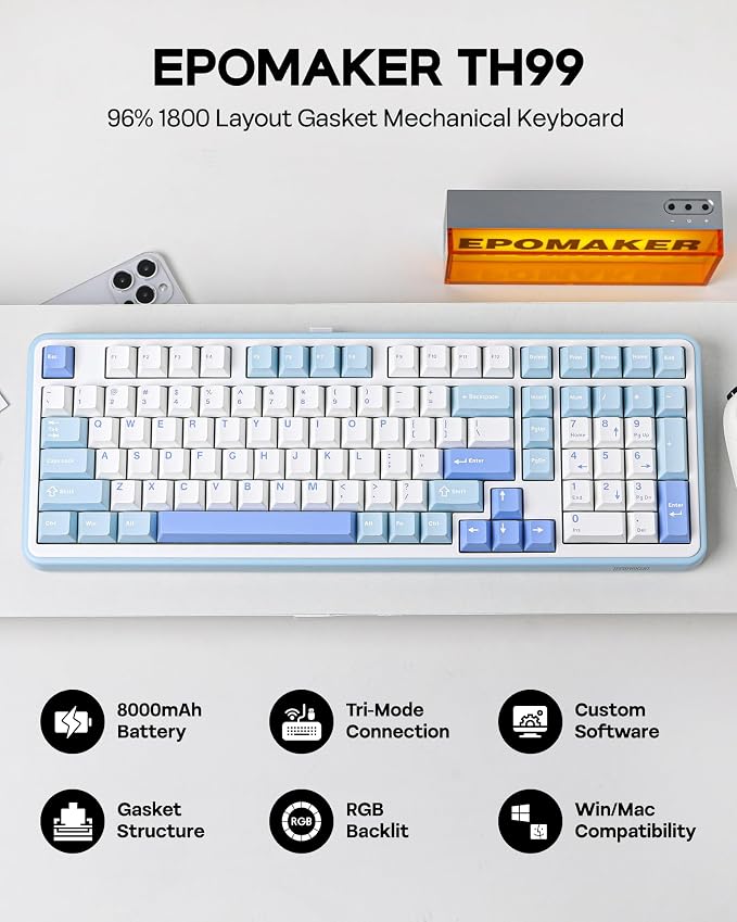 EPOMAKER TH99 Tri-Mode Wireless Mechanical Keyboard with 8000mAh Battery | Hot Swappable Custom RGB Gaming Keyboard with Numpad, Creamy Gasket Keyboard for PC/Mac/Office (Blue&White, Creamy Jade) - Image 2