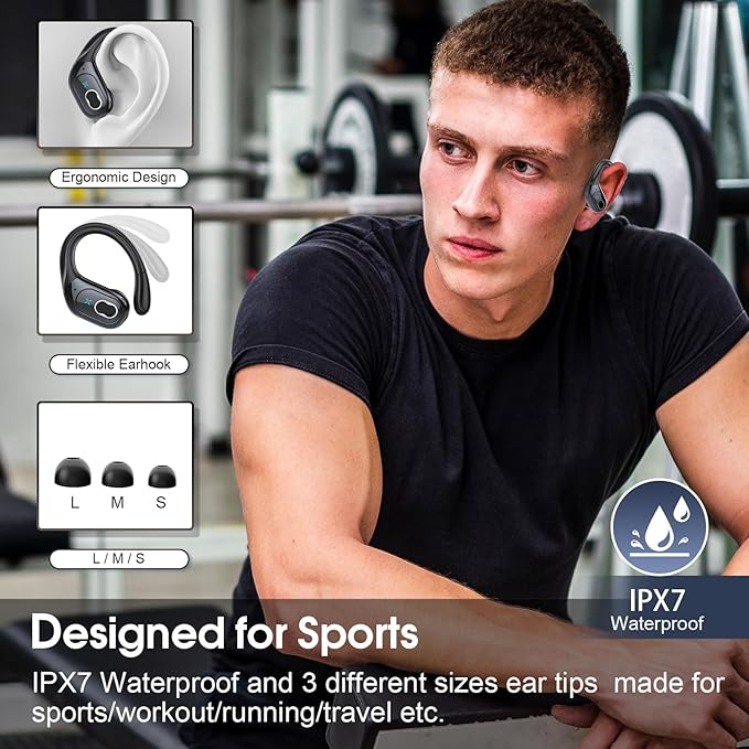 Wireless Earbuds 75H Bluetooth 5.4 Sport Headphones with Earhooks, Black | IPX7 Waterproof In-ear Buds Feature ENC Noise Cancelling Mic & Deep Bass. Stereo Sound Device for Gym Running Workout - Image 2