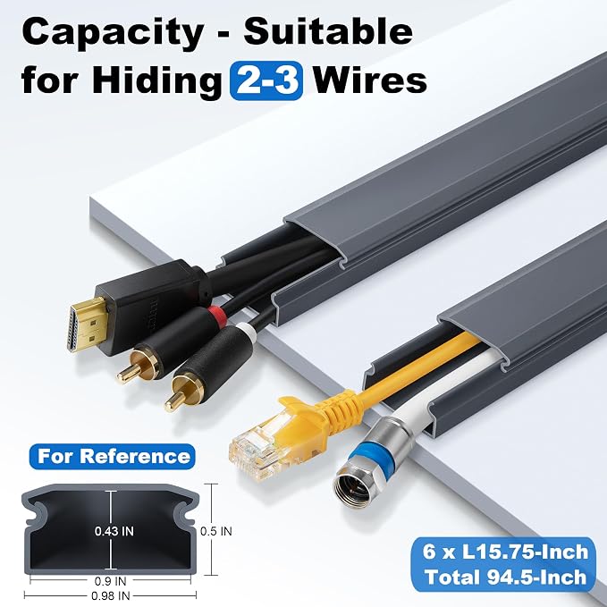 ZhiYo Cord Cover Wall Kit, 94.5in Cord Hider Wall Mounted TV, Self-Adhesive Wire Covers for Cords, Paintable Wire Hiders Cable Raceway Kit, Cable Concealer, 6 x L15.75in W1 H0.5in, Grey - Image 2
