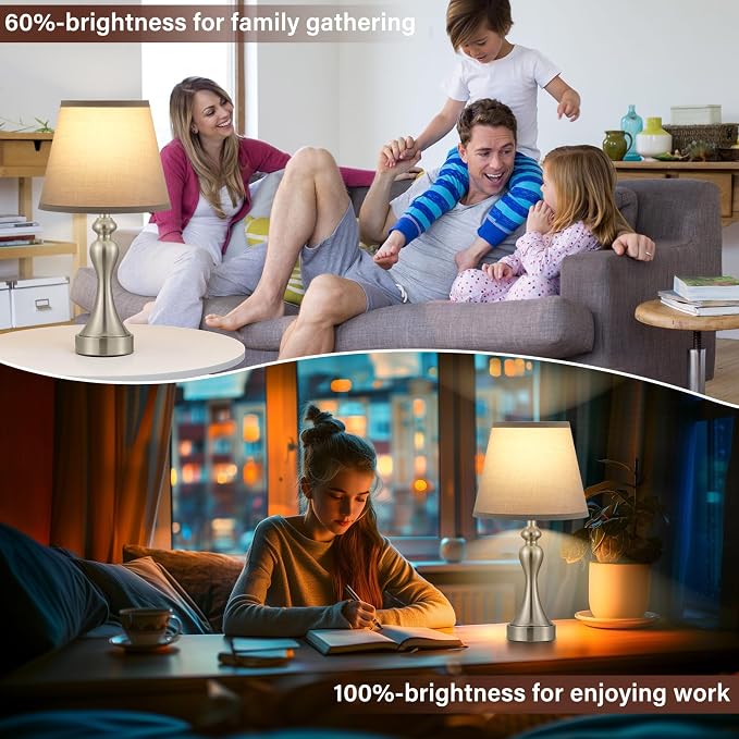 Touch Lamps for Nightstand, 3 Way Dimmable Bedside Lamps with USB C+A Ports | Touch Control, LED Bulb Included, Small Silver Table Lamp for Bedroom, Night Stands, End Table, Gift，Corded，Grey Shade - Image 4