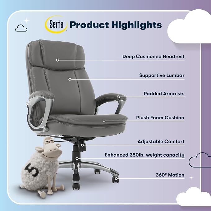 Serta Ergonomic Big and Tall Executive Office Chair Lumbar Support, Leather | Fairbanks, Gaming Chair with Headrest, 350lb Capacity, Padded Arms, Semi-Plush Seat Cushion, Adjustable Height and Tilt, Gray - Image 4
