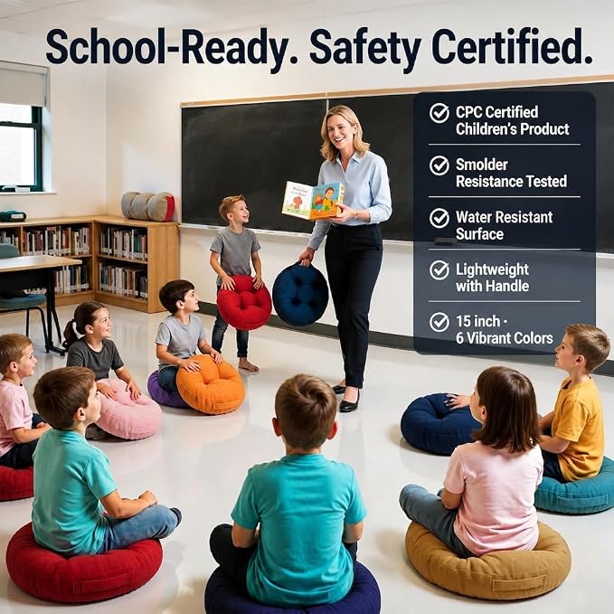 Floor Cushions For Kids 6Pack, Round Flexible Classroom Seating, 15 inch | Waterproof Floor Pillows With Handles, Safe Smolder Resistance Sitting Pillow For Elementary, Daycare & Reading, Vibrant - Image 8