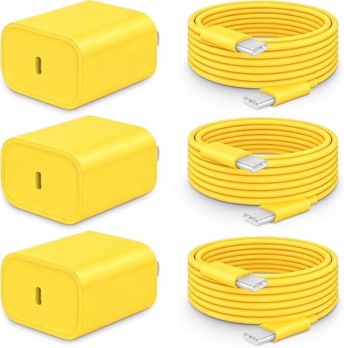 20W Fast Charger for iPhone 17/16/15 with 6FT Cable [3-Pack] - Yellow | USB-C Wall Charger & C-to-C Cable, Compatible with iPhone 17/16/15 Series, USB-C iPad Pro/Air/Mini & More by CXX
