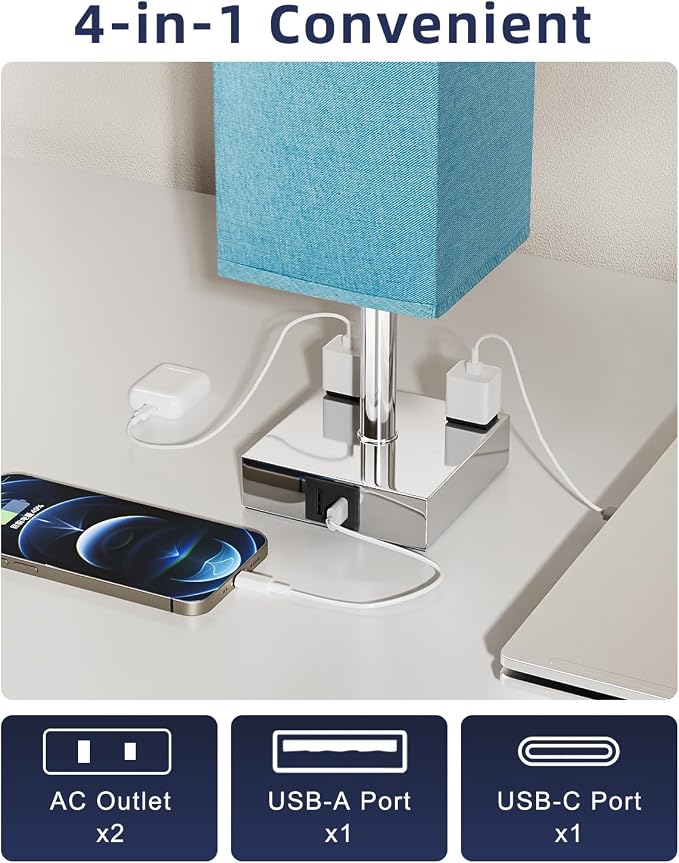 Turquoise Touch Table Lamp for Bedroom - Dimmable, USB C+A, 2 AC Outlets | 3-Way Dimming, 3000K Bulb Included, Square Teal Lampshade and Silver Base, Desk Lamp for Nightstand, Living Room, Green - Image 3