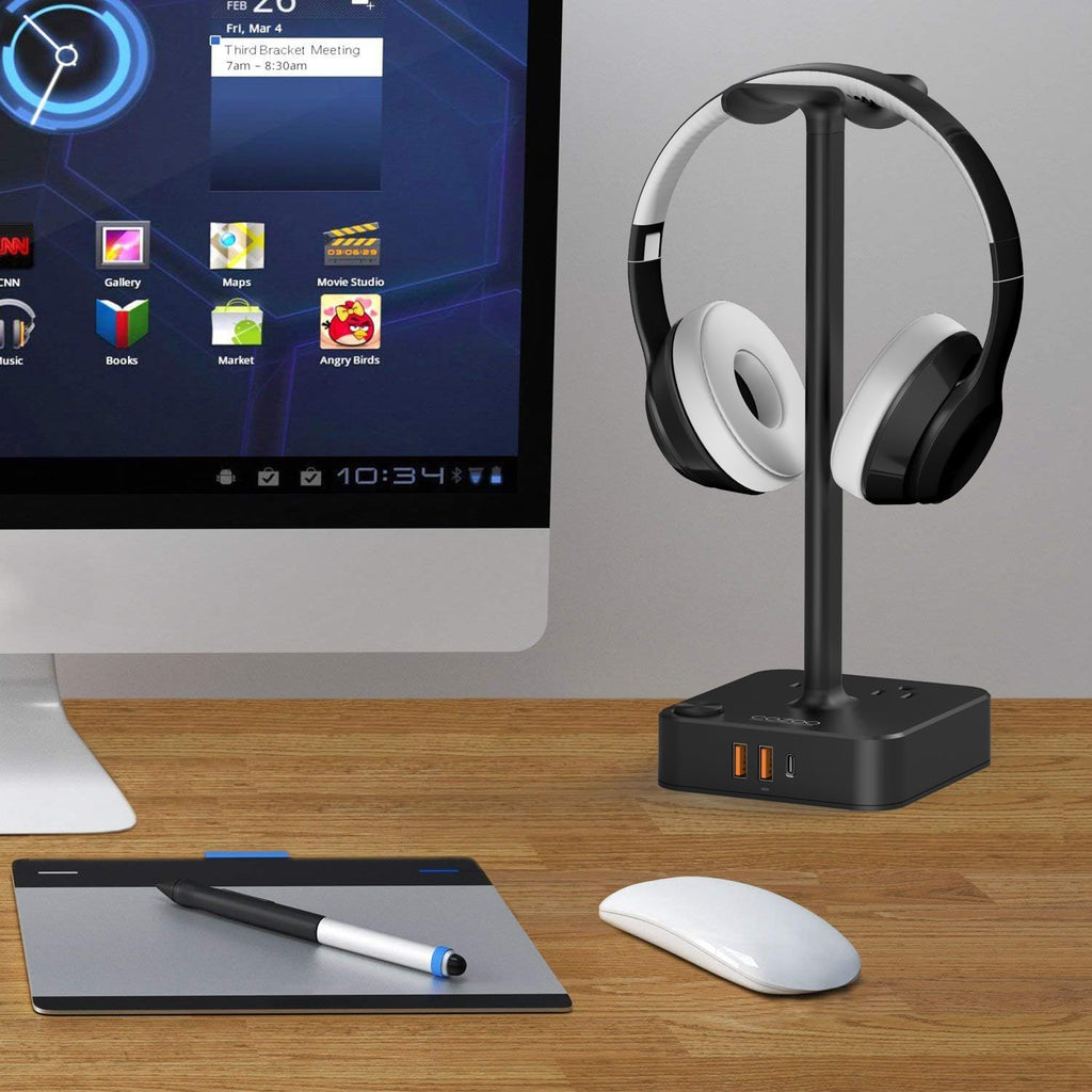 Headphone Stand with Charger for Desk, Gifts for Gamers Men, Black - Image 7
