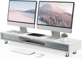 Fenge Dual Monitor Stand with Storage, Desk Shelf with Glass Sliding Door | Ergonomic Height Adjustment, 42.5in Monitor Shelf, 2-Tier Monitor Riser, Desk Organizer for Screen, PC, Laptop, White by Fenge