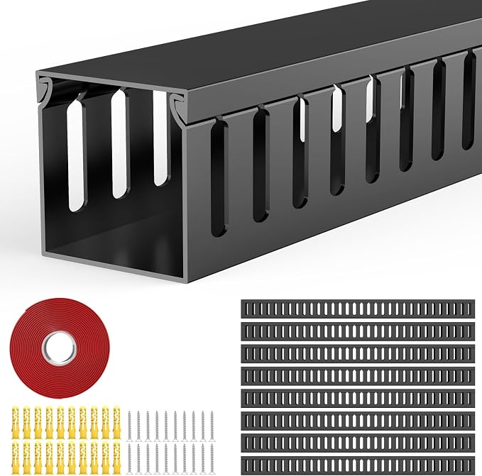 Open Slot Wiring Raceway Cable Duct,Cable Management Cord Track | 123" open slot cable raceway,Black 1.57x1.57",8 pcs desk wire channel to hide computer cables and cords by REFLYING