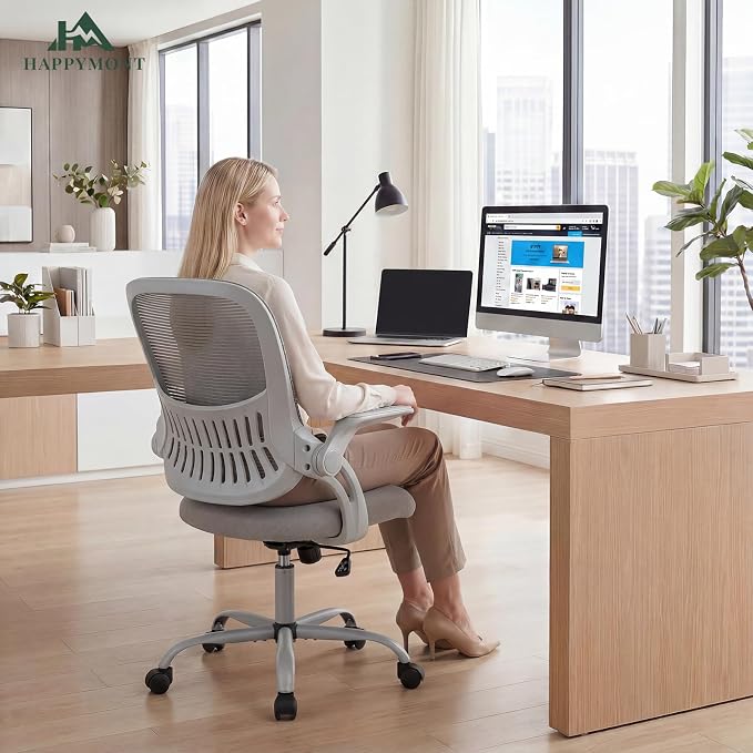 Home Office Desk Chair with Flip-up Armrest, Computer Chair | Lumbar Support, Height Adjustable, Mesh Mid-Back, Ergonomic Task Gaming Chair with 360° Swivel Wheels for Adults, Grey - Image 8