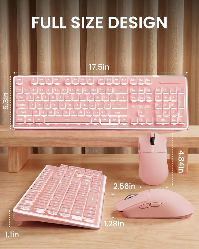 Wireless Keyboard and Mouse Combo with White Backlit Pudding Keycaps, Bluetooth & 2.4G, 2000mAh Rechargeable, Full Size, Metal Panel Quiet Computer Keyboard Set for Windows PC Desktop - Pink - Image 9