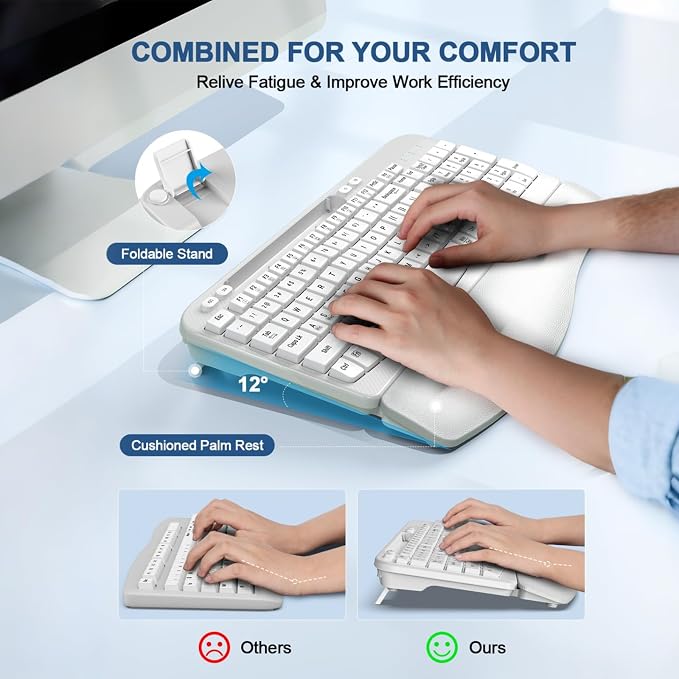 EAYBLLY 2.4G Wireless Ergonomic Keyboard, Full Size Wave Keys with Memory Foam Wrist Rest & 7.28in Phone Holder, USB-C Adapter Included for Windows Mac Chrome OS, Office or Home (White) - Image 4