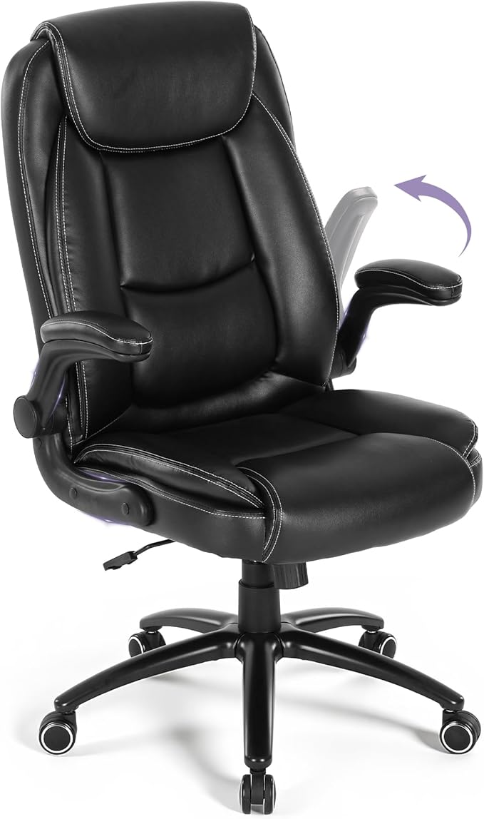 MALOL 300lbs Office Chair with Flip-Up Armrests & Reclining Backrest, Ergonomic PU Leather Executive Desk Chair-Adjustable Height & Tilt Tension, Black by MALOL