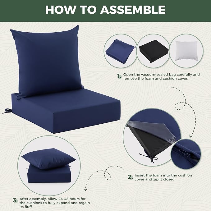 Outdoor Cushions for Patio Furniture, Outdoor Seat Cushion Set 24 x 24 x 4 Inch, Waterproof & Fade Resistant Outdoor Chair Cushions, Deep Seat Patio Cushion with Removable Cover, Navy Blue - Image 6