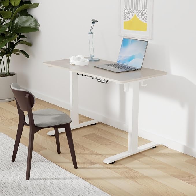 SHW 48-Inch Electric Height Adjustable Sit to Stand Desk, Maple | with Hanging Hooks and Cable Management, White Frame and Maple Top - Image 2