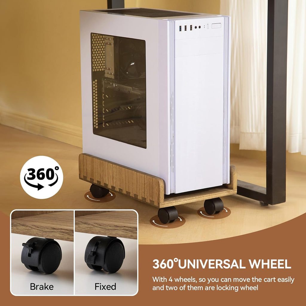 KIRIGEN Wood Computer Tower Stand with Wheels, Rolling PC Cart, Brown - Image 4