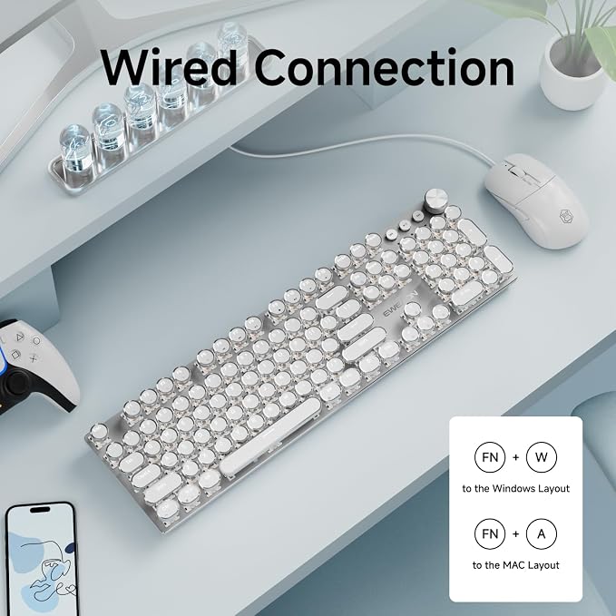 EWEADN Wired Typewriter Keyboard and Mouse Combo, Typewriter Style Mechanical Keyboard,104 Keys Backlit LED Keyboards, Media Control Knob, Wired Keyboard White Switch for Windows/PC-White - Image 5