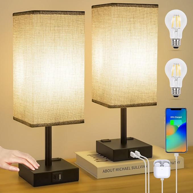 Bedside Table Lamps Set of 2 - Touch Nightstand Lamp for Bedroom with USB C+A Charging Ports & AC Outlets, 3-Way Dimmable Desk Lamp Grey Fabric Shade for Bedroom Living Room, Office(Bulb Included) - Image 8