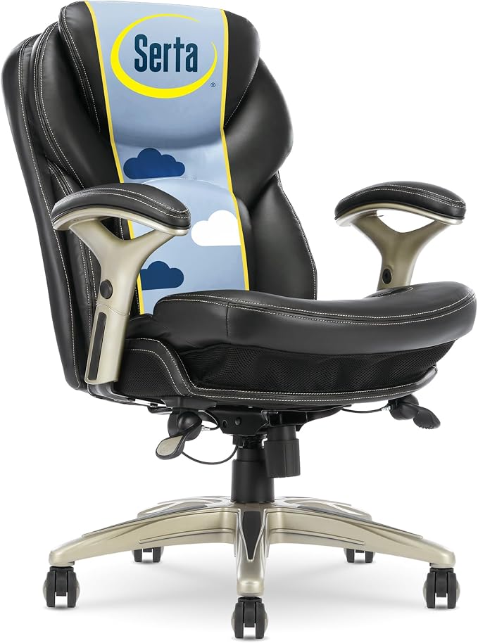 Serta Ergonomic Home Office Chair Pivot Lumbar Support, Leather Desk Chair | Claremont, Adjustable Arms, Height & Tilt, Foam Seat & Headrest Cushion, Work From Home Gaming Chair lower Back Pain, Black by Serta